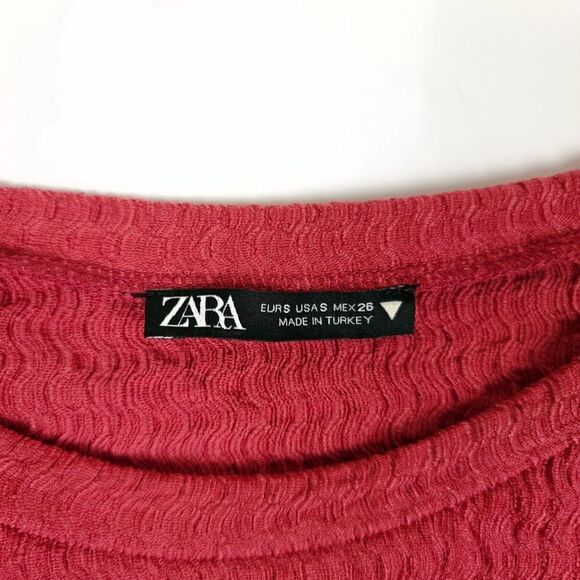 ZARA Cottagecore Puff Sleeve Textured Crew Neck Knit Top Rose Pink Womens Small - Picture 6 of 6